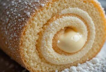  A Macro View of Exquisite Baking Creamy Filling Peeks Out From Under a Fluffy Vanilla Sponge Cake and Sugared Snowfall