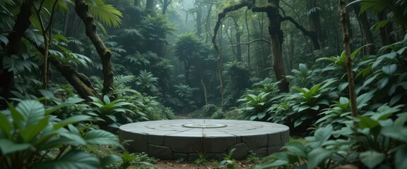  A Round, Gray Stone Podium Set Within a Dense, Green Rainforest