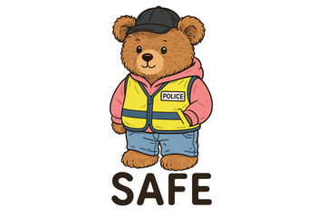 Cute bear character in safety vest promoting safety awareness for children in a playful, friendly manner in a vibrant illustration