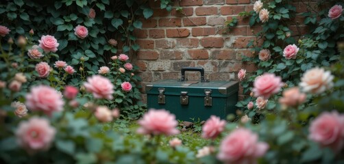  Secret Garden Tools A hidden dark green toolbox amongst roses and ivy, against a brick wall, creating a romantic and enchanting