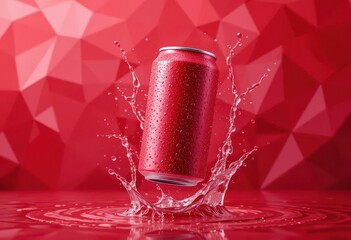  Energetic red soda can mockup hovering, accentuated by sharp water droplets and a vibrant polygonal strawberry red backdrop.