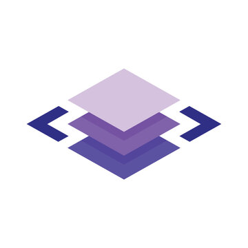 The image shows a logo design of three stacked square shapes in purple color between two comparison operators for coding related purposes 
