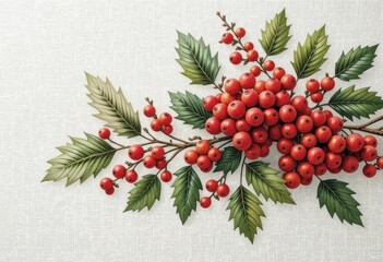  Stylized Illustration of Red Berries Green Leaves on White Linen Vertical Christmas Art with Patterned Background