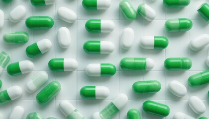  Structured Health Modern Green White Pill Pattern on Crisp White Grid, Isolated Medical Design