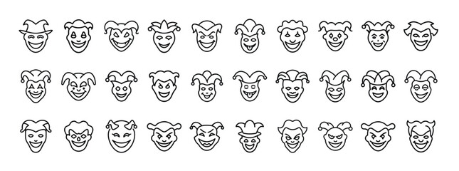 Jester face line icon set. Vector pictograms of clown, joker, harlequin mask, comedy character, carnival performer in thin linear illustrations.