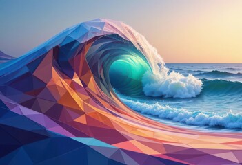  Sharp angles and vibrant colors define this modern, geometric interpretation of an ocean wave crashing on the shore.