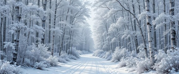  Snow Covered Path Through a Forest with Silver Birch Trees in a Detailed, Realistic Style