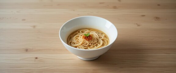  Elegant minimalist ramen presentation, White bowl, light wood, clean lines, diffused lighting, precise arrangement, High