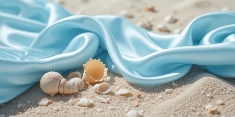  Ocean Serenity Pale Blue Satin Paired with Seashells on a Sun Kissed Beach