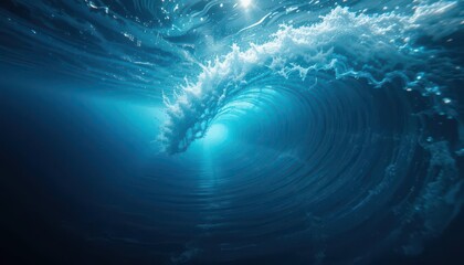  Prussian Blue Tsunami Viewed from Underwater, with Light Filtering Through Like Glass. Serene and Ominous.