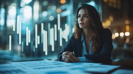 Businesswoman analyzing financial charts in modern office at night
