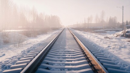 Fototapeta premium Winter Train Tracks stretching towards the horizon on a foggy morning with snow covered ground