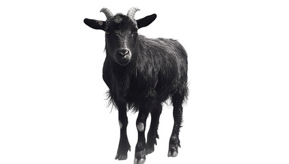 A black goat walks forward on a transparent background