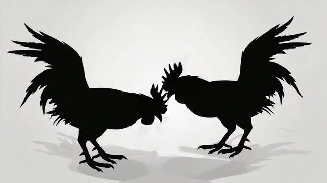 Silhouettes of Two Roosters in Confrontation