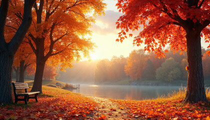 Serene autumn park bench by lake with colorful trees. Suitable for fall themed designs, nature blogs, relaxation themed content, and seasonal advertisements.