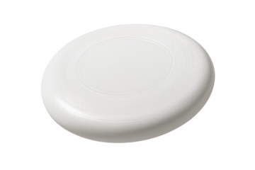 Classic white frisbee hovering, isolated on a transparent background, ready for integration into any design project