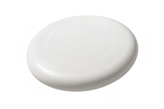 Classic white frisbee hovering, isolated on a transparent background, ready for integration into any design project
