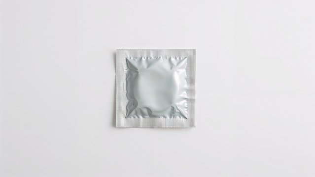 Minimalist design of a silver foil condom package on white background