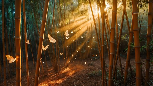 Butterflies Flying Through Bamboo Forest with Sunbeams and Golden Light