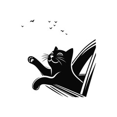 Happy cat looking out of a moving car window. A cute black feline enjoying a road trip and the breeze. Pet travel and adventure vector silhouette illustration