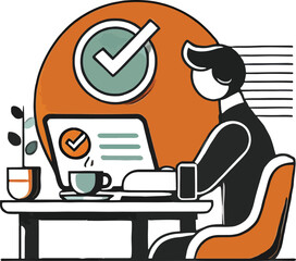 Businessman working on a laptop at his desk with a checkmark approval concept illustration