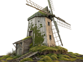 Old wooden dome house with windmill on roof isolated on a white background.
