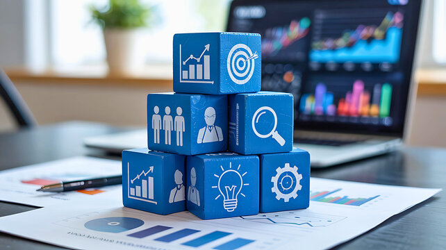 business graph on laptop showing financial crisis concept with colorful toy blocks and letters - Powered by Adobe