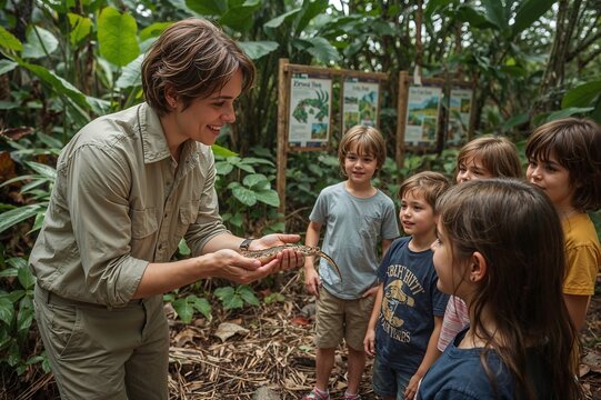 Man showing a lizard to a group of children in a forest with informational signs in the background