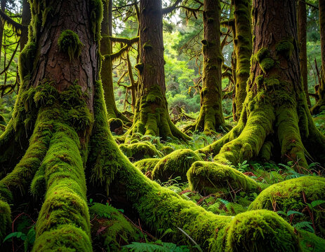 Green moss clings to old trees in the middle of the forest.