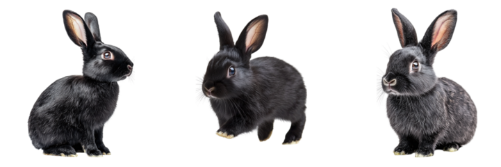 Set of cute black rabbits isolated on transparent background PNG