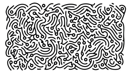 Abstract black and white doodle pattern with curved lines and small circles scattered throughout the design