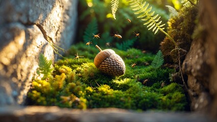 Acorn on Moss with Ants in Miniature Garden Landscape Scene