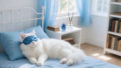Cat sleeping  on the bed-blue
