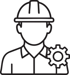 Simple Outline Icon Construction Worker with Gear, symbolizing industry, engineering, and mechanical work on white background