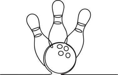 one line drawing of bowling ball with spiral pattern rolling toward five pins in continuous line style