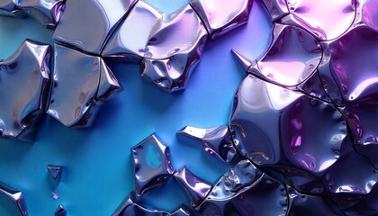 Iridescent shattered glass on blue background, ideal for abstract design projects, social media graphics, or artistic backgrounds with a unique touch.