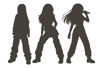 Set silhouette illustrations of kpop idols singing and dancing on stage. Flat vector kpop music star. Modern group dancers with various different styles, poses and choreography. Korean pop cultures.