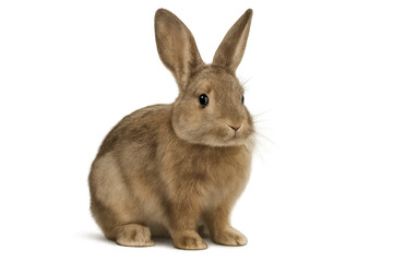 Obraz premium Fluffy brown rabbit resting peacefully, highlighting soft fur, relaxed posture, and inquisitive gaze against clean white backdrop