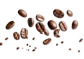Coffee beans scattered isolated on transparent background