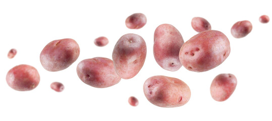 Red whole potato flies and levitates in space. Isolated on white