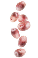 Whole red potatoes falling in space. Isolated on white