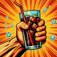 glass cola soda cold ice drink beverage refresh straw pop art poster retro comic thirst hand holding