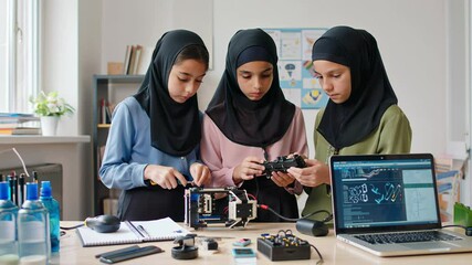 Young Girls Working on Robotics Project in Classroom
 - Powered by Adobe