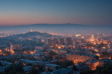 Obraz premium stunning night panorama showcasing top cities of cis featuring their names and symbols