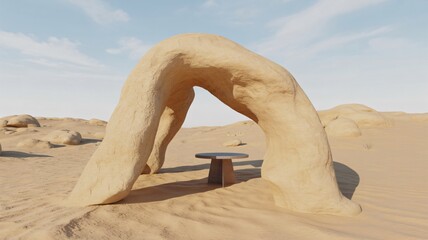 Unique desert landscape with natural rock arch and seating area under clear blue sky