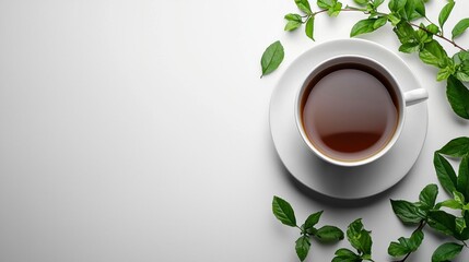 Relaxing Coffee Break with Green Leaves on a Minimalist Background for Freelancers and Remote Workers