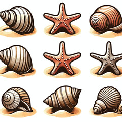 image of shells and starfish on the sand with a simple and minimalist flat design using a white background
