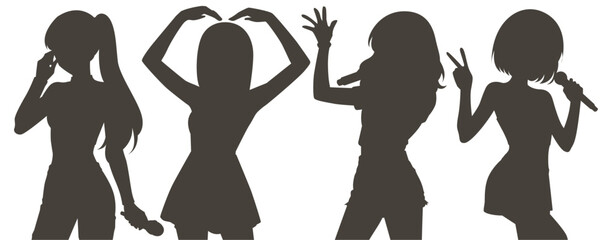 Set silhouette illustrations of kpop idols singing and dancing on stage. Flat vector kpop music star. Modern group dancers with various different styles, poses and choreography. Korean pop cultures.