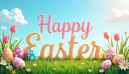 Happy Easter lettering, pastel eggs, and tulips in grass. Perfect for Easter celebrations, social media posts, invitations, and greeting cards.
