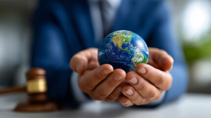 Environmental law, Business Hands Holding Earth Globe with Gavel in Background